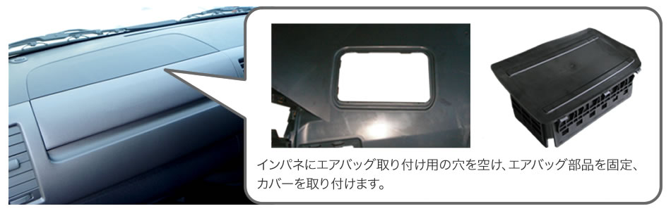 インパネにエアバッグ取り付け用の穴を空け、エアバッグ部品を固定、カバーを取り付けます。